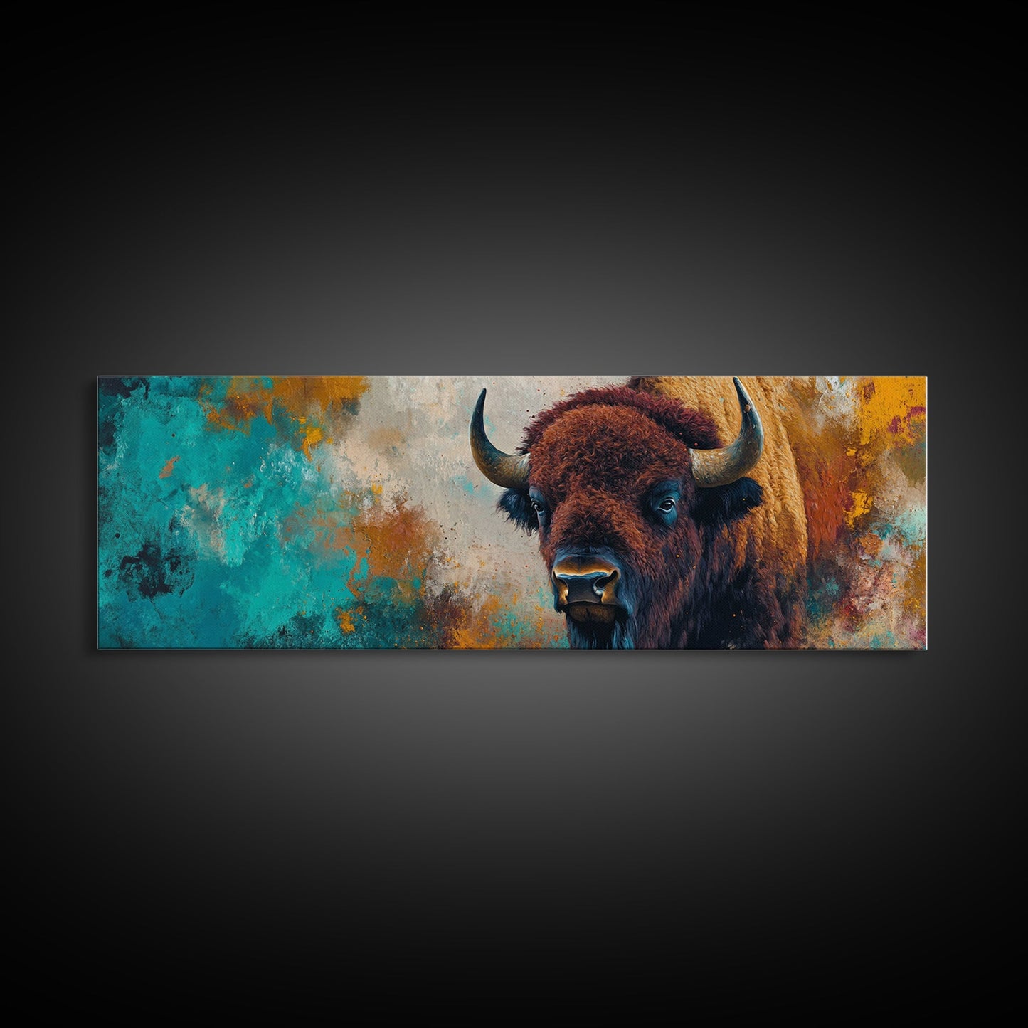 Bold bison painting, teal and orange art, rustic wall art, farmhouse decor, boho art, extra wide western painting, canvas print