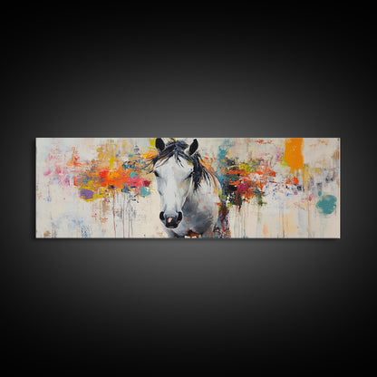 Weißes Pferd, abstrakte Kunst, stimmungsvolle Motive, rustikaler Stil, impressionistisches Pferd, gerahmter Leinwanddruck, extra breites Bild, moderne Landhauskunst