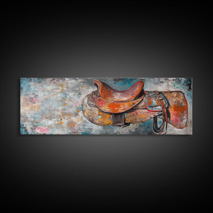 Abstract Saddle, horse wall art, abstract art, rustic decor, extra wide art, framed canvas print, above sofa art, living room decor