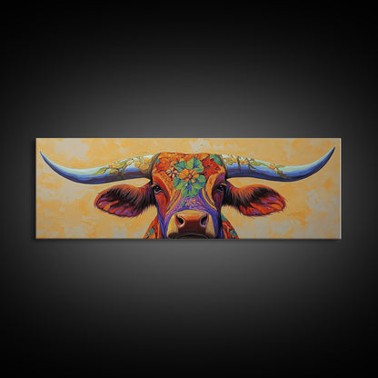 Floral Longhorn Art, Southwestern Wall Art, Texas Cow Art, Rustic Farmhouse Decor, Boho Art, Framed Canvas Print, Moody Art