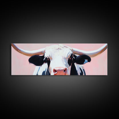 Black and White Cow Art, Light Pink Wall Art, Southwest Wall Art, Coastal Cowgirl Wall Art, Framed Canvas Print, Rustic Decor