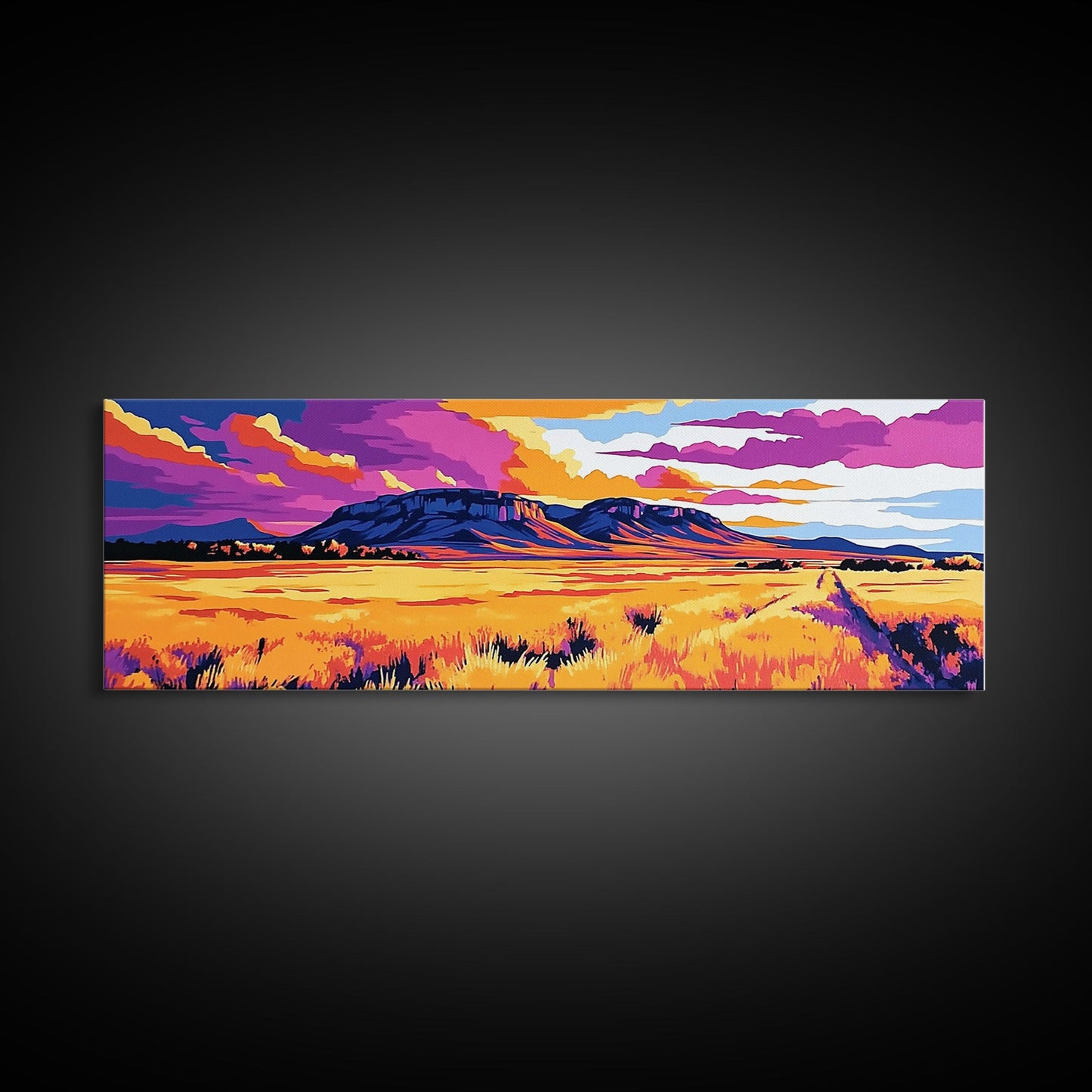 Vibrant mountain, pink orange wall art, Joshua tree art, geometric wall art, panoramic art, framed canvas print, landscape painting