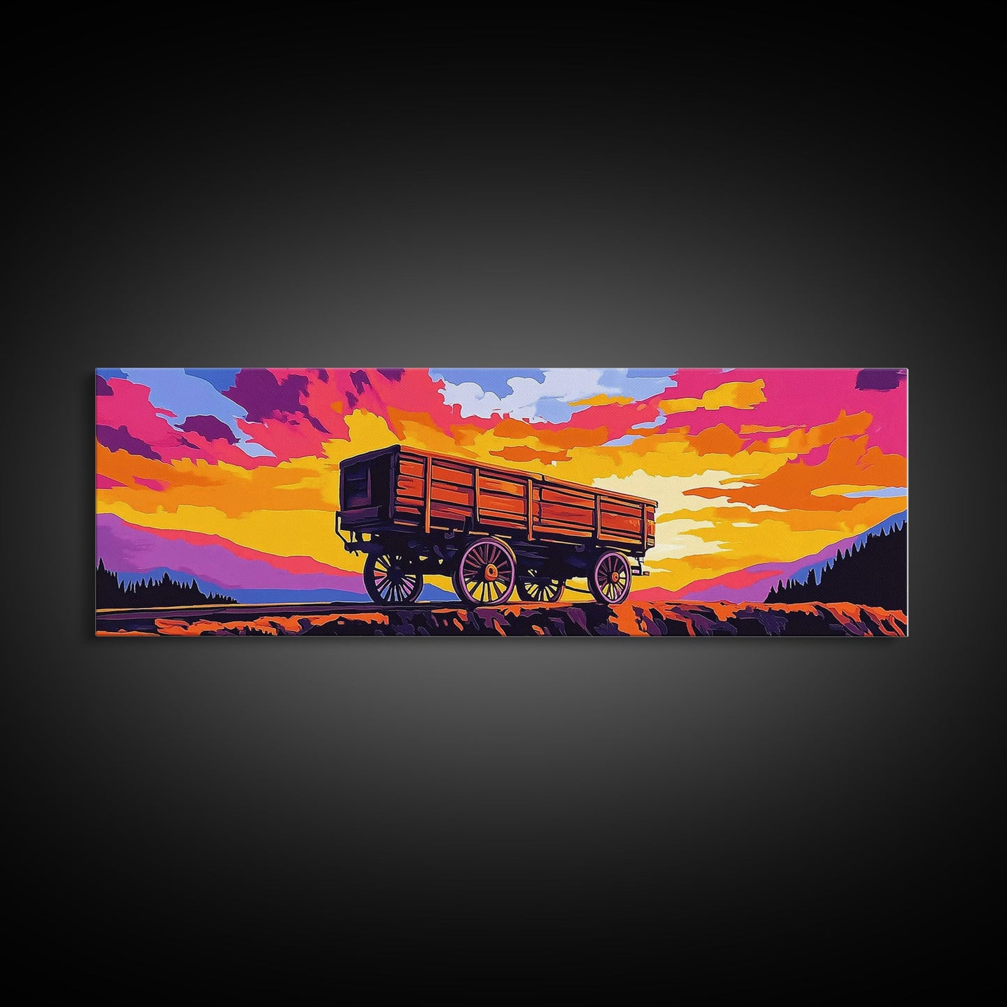 Sunset wagon, pink orange wall art, southwest wall art, geometric wall art, boho art, panoramic painting, framed canvas print, rustic decor