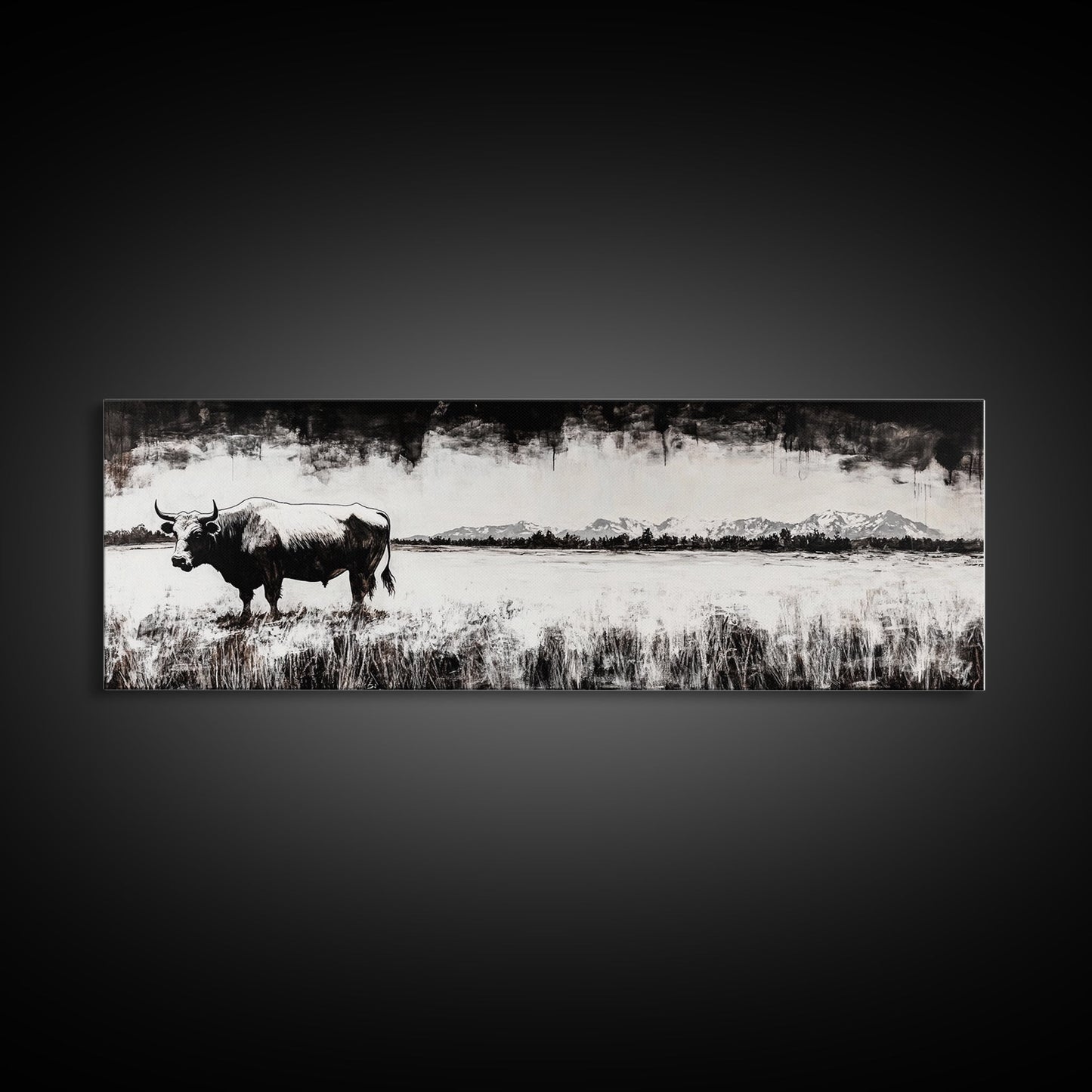 Bull and bear art, black and white painting, rustic wall art, farmhouse decor, extra wide art, framed canvas print, moody art, landscape painting