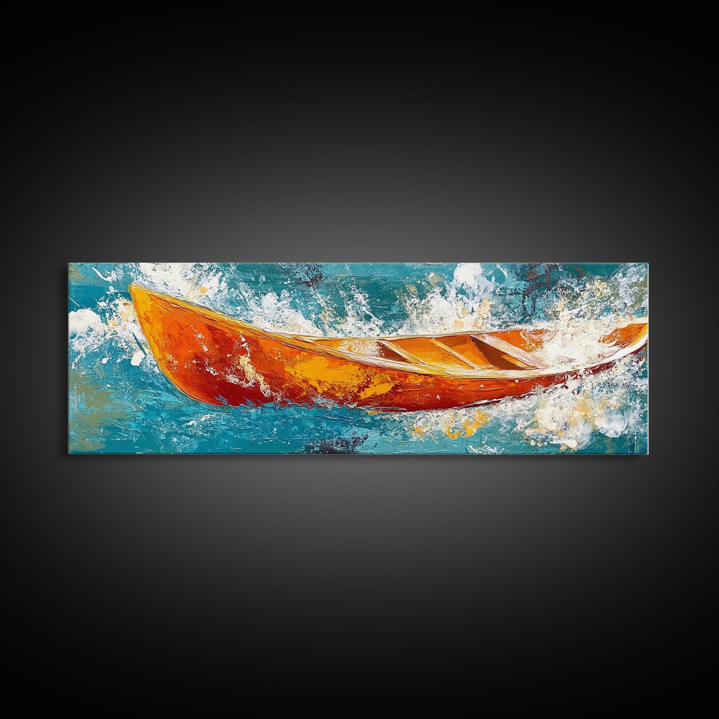 Boot in Wellen, Küstenwandbild, nautische Malerei, extra breites Querformatbild, Meeresdeko, Landhauskunst, gerahmter Leinwanddruck