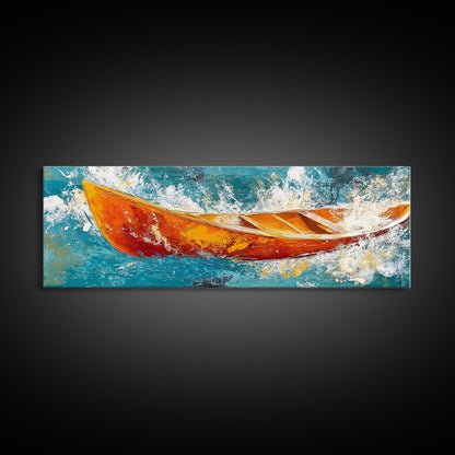 Boot in Wellen, Küstenwandbild, nautische Malerei, extra breites Querformatbild, Meeresdeko, Landhauskunst, gerahmter Leinwanddruck