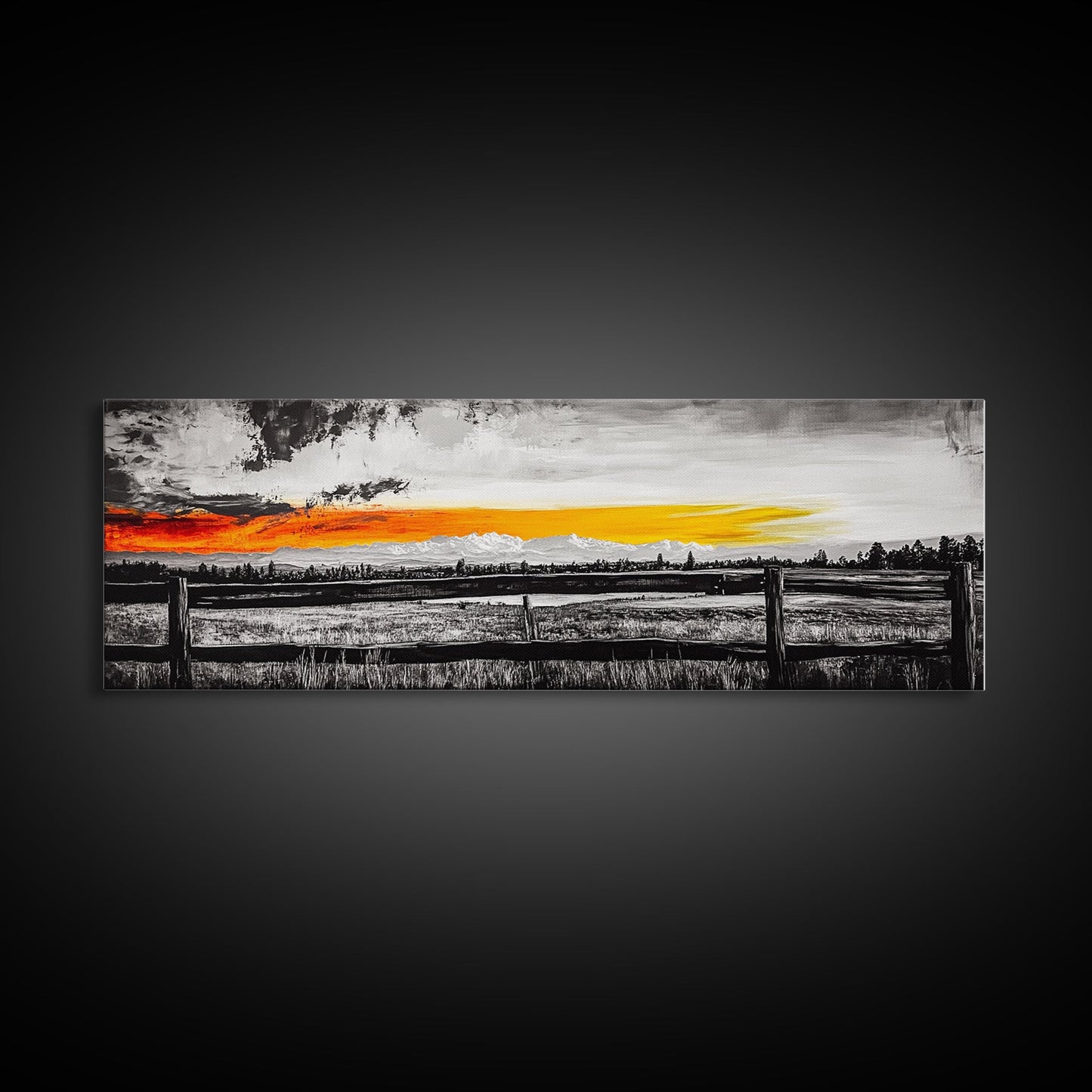 Fence at Sunset, moody landscape art, Joshua tree art, smoky mountain painting, dark romance art, extra wide art, framed canvas print