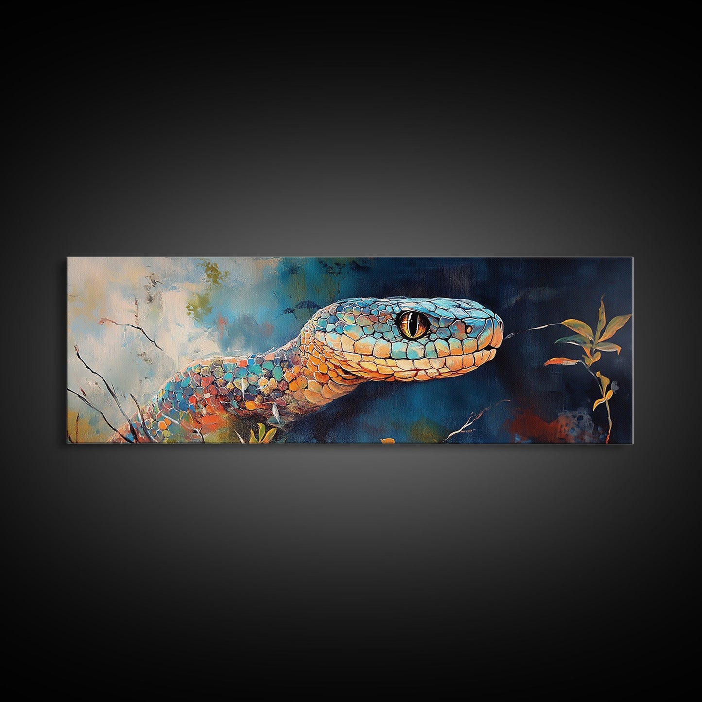 Vibrant Snake Painting, reptile wall art, wildlife decor, moody art, sacred geometry wall art, framed canvas print, extra wide art