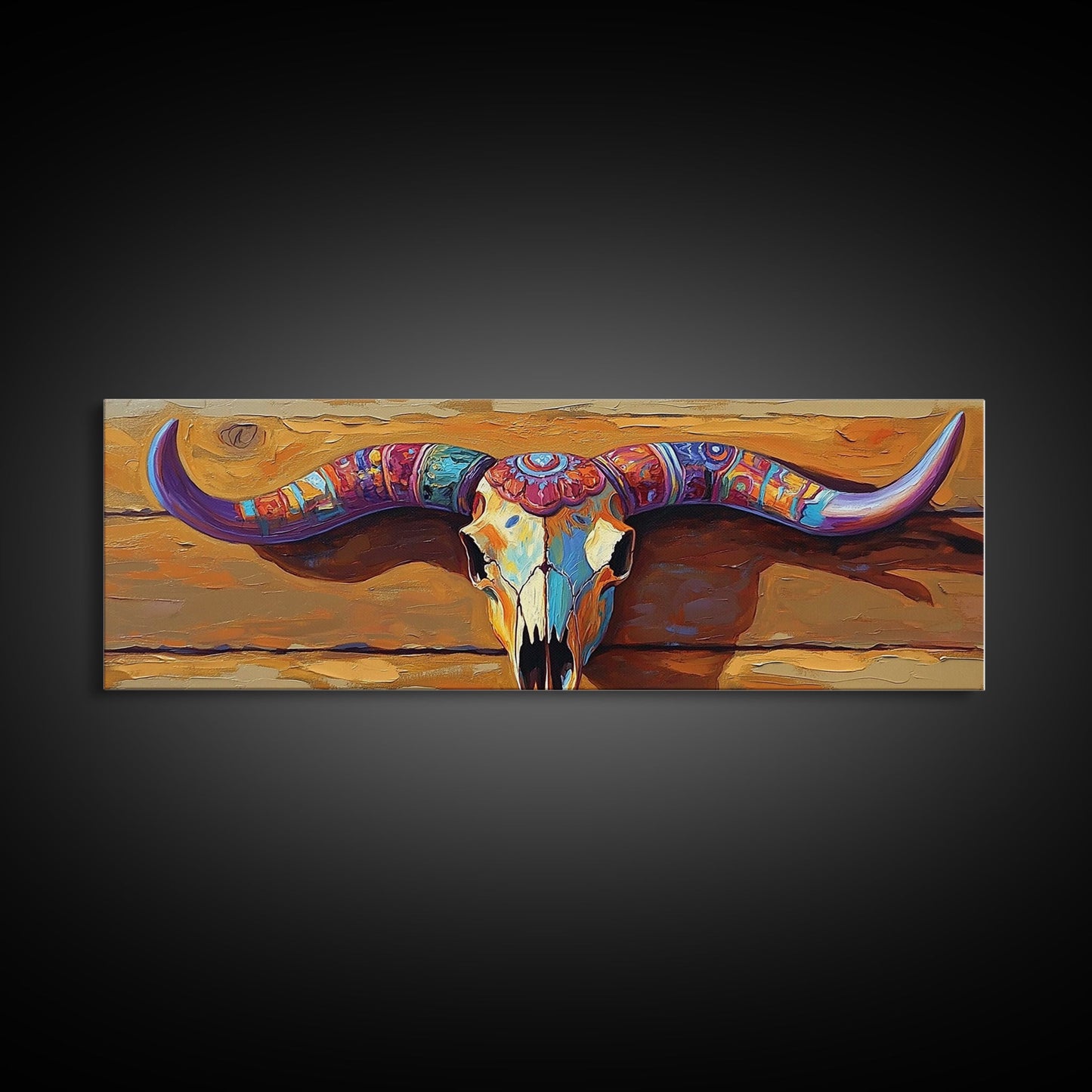 Bemalter Totenkopf, Stier- und Bärenmotiv, rustikale Dekoration, extra breites Kunstwerk, Wandkunst im Südwest-Stil, rosa-orangefarbene Wandkunst, gerahmter Leinwanddruck