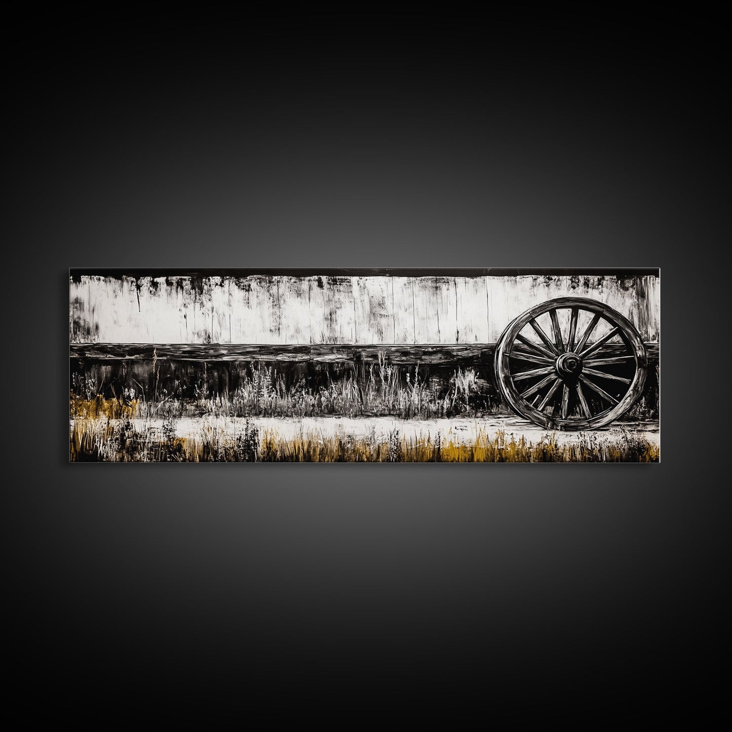 Wagon Wheel, barn landscape oil painting, black and white art, rustic decor, farmhouse art, extra wide art, Framed Canvas Print, moody art