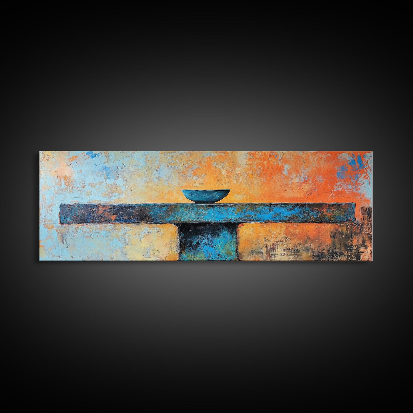 Blaue Schale, minimalistische Kunst, Wabi-Sabi-Kunst, extra breites Kunstwerk, gerahmter Leinwanddruck, salbeigrünes Wandbild, horizontales Wandbild, Therapiekunst