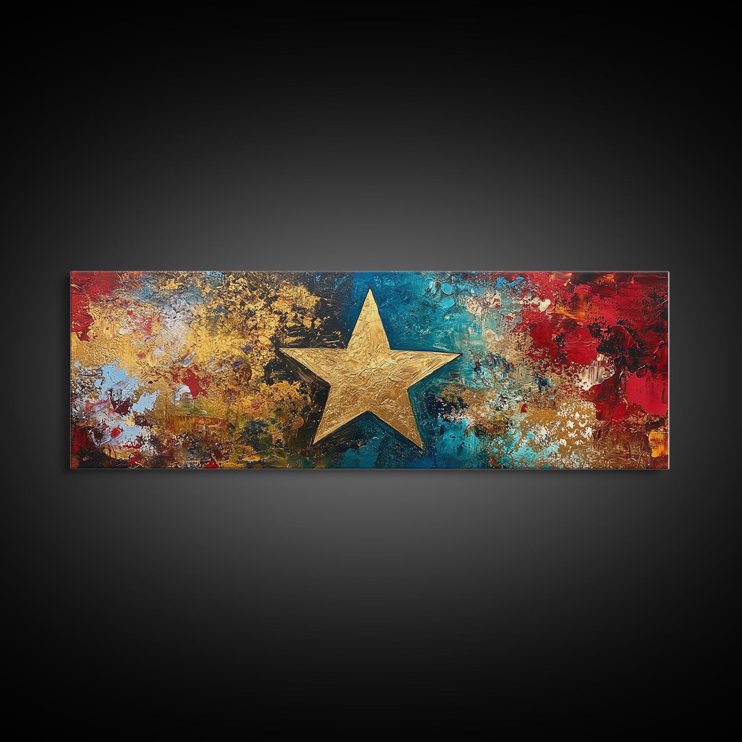 Goldener Stern, abstrakte Kunst, kräftige Farben, strukturierte Wandkunst, gerahmter Leinwanddruck, Mosaik-Wandkunst, extra breite Kunst, Kunst über dem Sofa