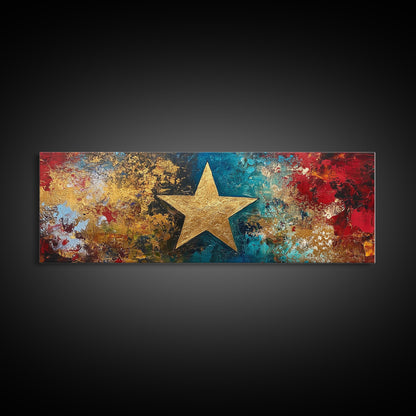 Goldener Stern, abstrakte Kunst, kräftige Farben, strukturierte Wandkunst, gerahmter Leinwanddruck, Mosaik-Wandkunst, extra breite Kunst, Kunst über dem Sofa