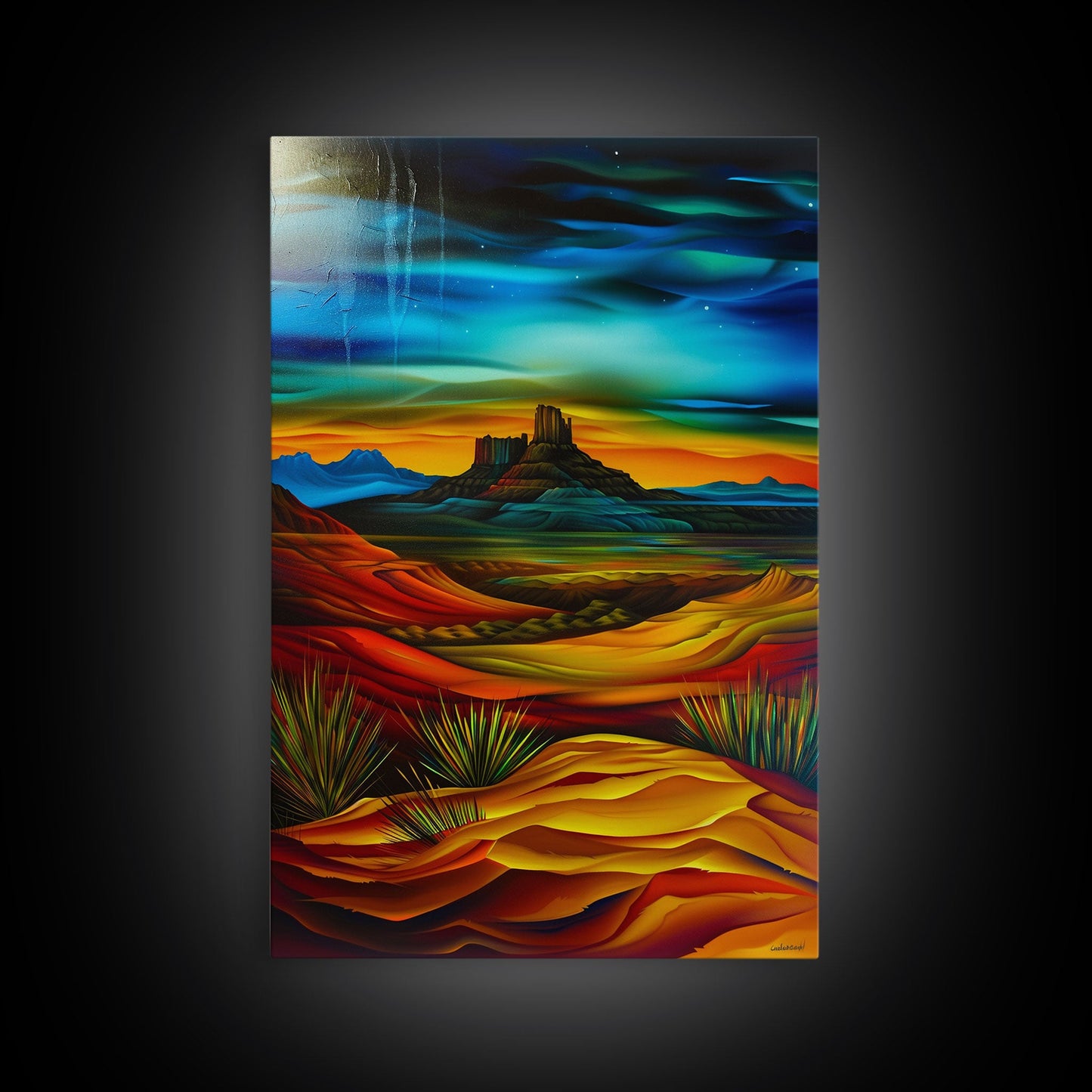 Dramatic Desert Landscape - Vibrant Western Art, Framed Canvas Print, Living Room Decor, Desert Painting, Colorful Wall Art