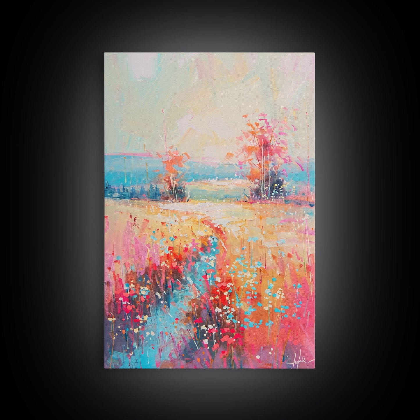 Luminous Landscape with Wildflowers - Framed Canvas Print, Radiant Living Room Art, Bright Bedroom Decor, Colorful Flower Art, Wall Art