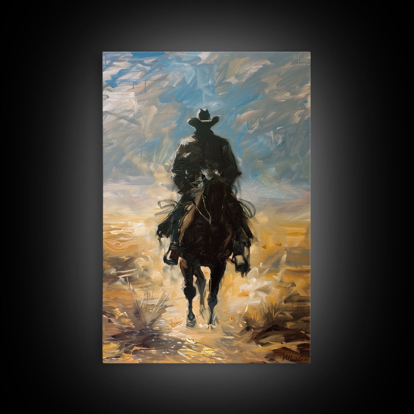 Lone Cowboy Riding into Sunset - Framed Canvas Print, Western Art, Living Room Decor, Cowboy Art for Bedroom, Rustic Wall Art
