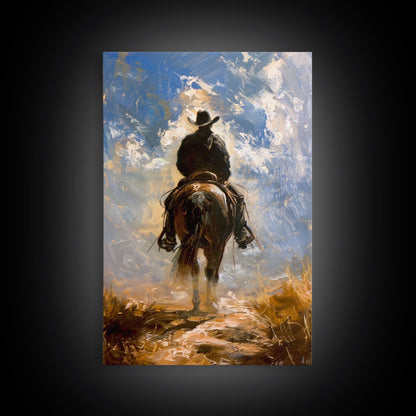 Cowboy Silhouette Riding Through the Plains - Framed Canvas Print, Western Art, Rustic Decor, Living Room Wall Art, Cowboy Themed Art