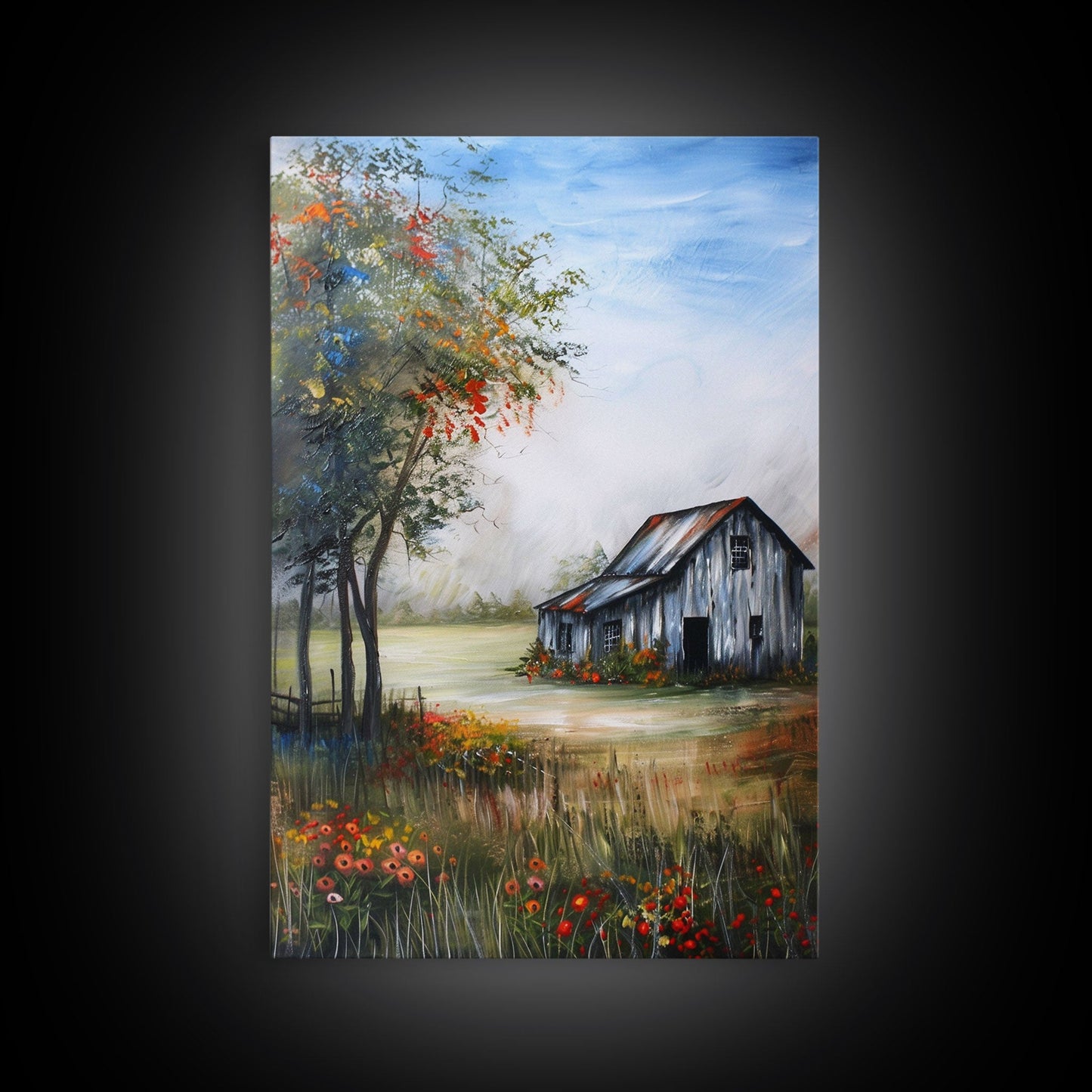 Idyllic Barn Scene with Rustic Charm - Framed Canvas Print, Country Living Room Decor, Farmhouse Wall Art, Barn Art Print for Bedroom