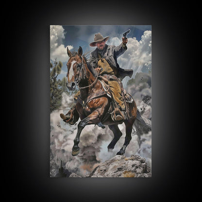 Framed Canvas Print, Cowboy Riding Horse with Gun Wall Art, Western Style Artwork for Living Room or Bedroom Decor, Dynamic Home Art Piece