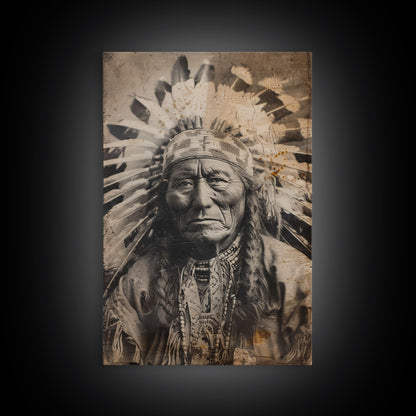 Native American Chief Portrait - Sepia Canvas Print, Historical Wall Art, Indigenous Art for Home, Rustic Native American Decor