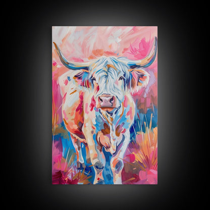 Colorful Highland Cow Art - Rustic Farmhouse Wall Decor, Vibrant Animal Painting, Living Room Art, Highland Cow Canvas Print