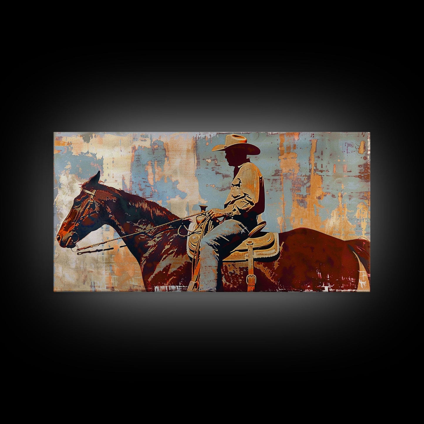 Cowboy on Horseback, Textured Background, Modern Living Room Art, Framed Canvas Print, Rustic Home Decoration, Boho Wall Art