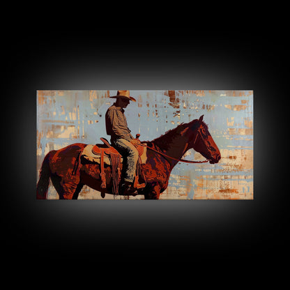 Cowboy on Horse with Rustic Background, Stunning Wall Art, Framed Canvas Print, Boho Bedroom Decor, Western Home Decoration