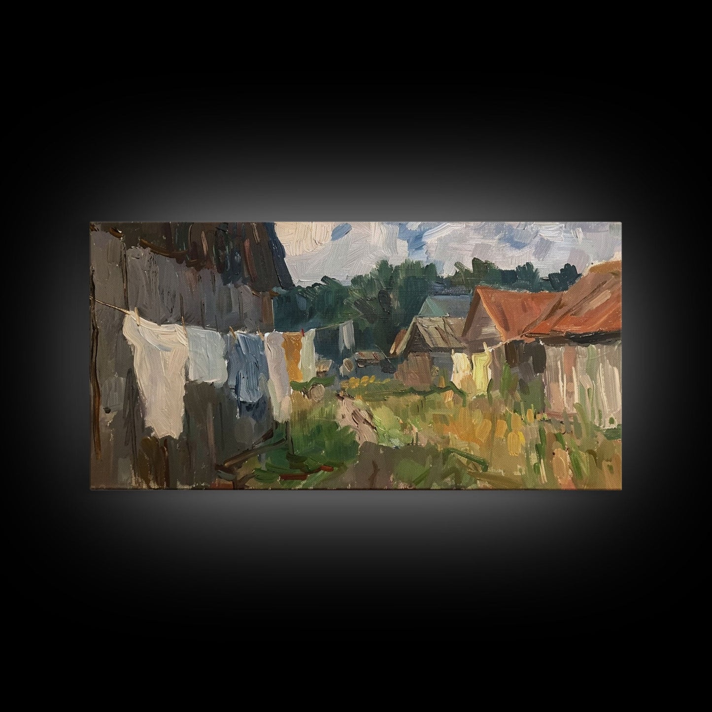 Rustic Farmyard with Laundry, Framed Canvas Print, Farmhouse Wall Art, Living Room Decor, Country Style, Outdoor Scene