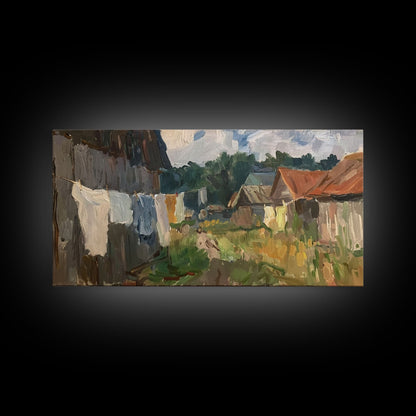Rustic Farmyard with Laundry, Framed Canvas Print, Farmhouse Wall Art, Living Room Decor, Country Style, Outdoor Scene