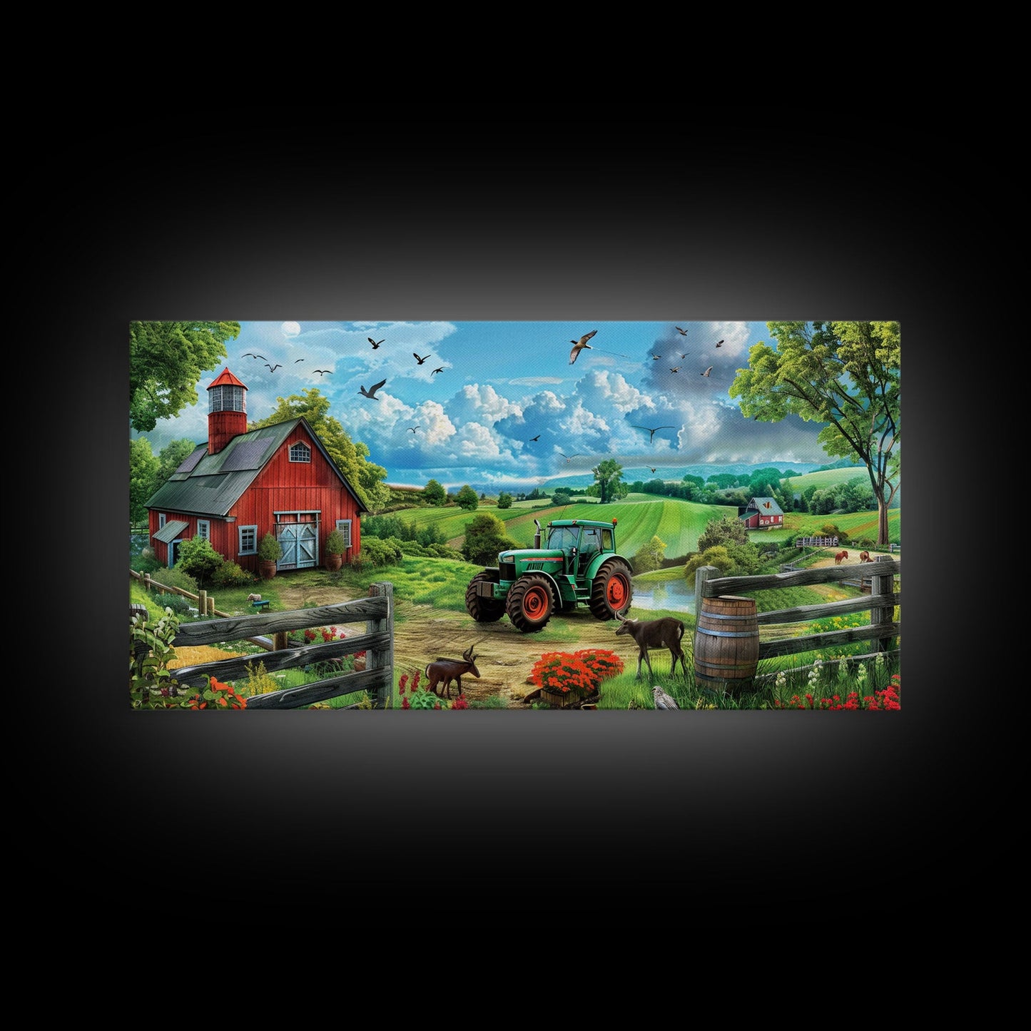 Green Tractor Near Red Barn in Countryside, Charming Farm Art, Framed Canvas Print, Country Living Room Decor, Wall Art