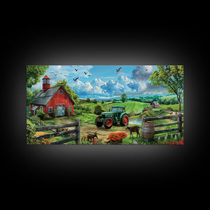 Green Tractor Near Red Barn in Countryside, Charming Farm Art, Framed Canvas Print, Country Living Room Decor, Wall Art