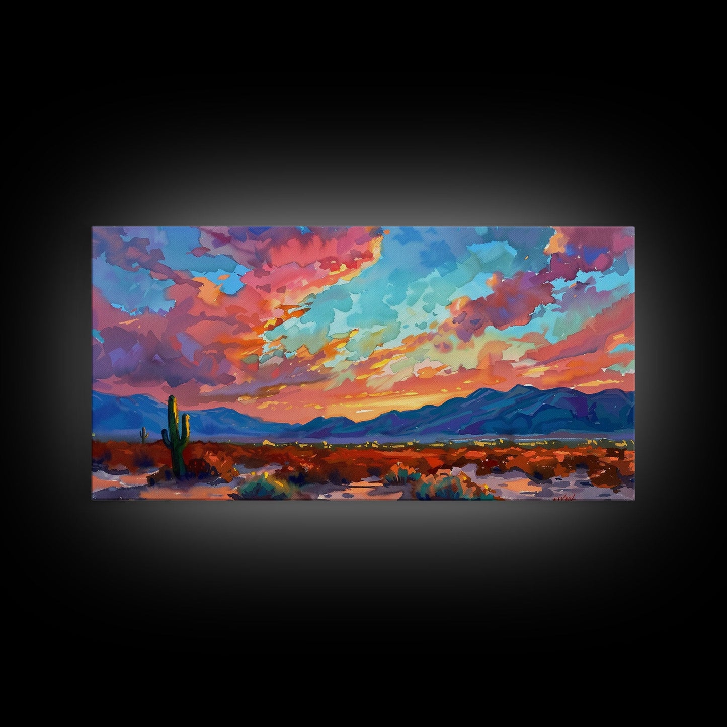 Road Through Desert at Sunset, Colorful Southwestern Art, Framed Canvas Print, Boho Wall Decor, Rustic Living Room Art, Desert Scene