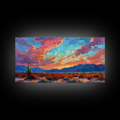 Road Through Desert at Sunset, Colorful Southwestern Art, Framed Canvas Print, Boho Wall Decor, Rustic Living Room Art, Desert Scene