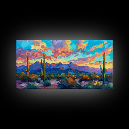 Expansive Desert Landscape at Sunset, Colorful Southwestern Art, Framed Canvas Print, Boho Living Room Wall Decor, Desert Scene