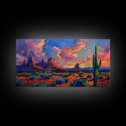 Radiant Mountain Sunset with Saguaro Cacti, Framed Canvas Print for Living Room Art, Perfect for Boho and Southwestern Decor