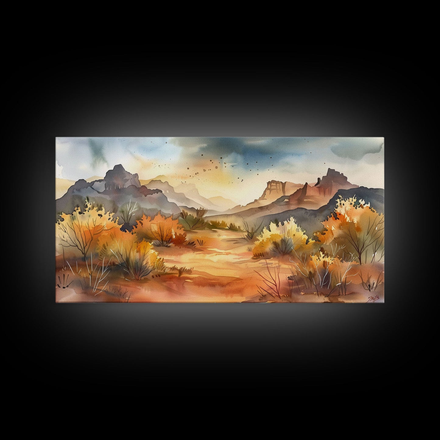 Serene Desert Landscape with Mountains and Sunlit Sky, Perfect Framed Canvas Print for Living Room, Boho Wall Art, Nature Decor