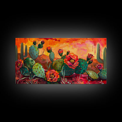 Prickly pear cacti with vibrant blooms in desert scene, Framed Canvas Print, great for modern living room, boho wall decor