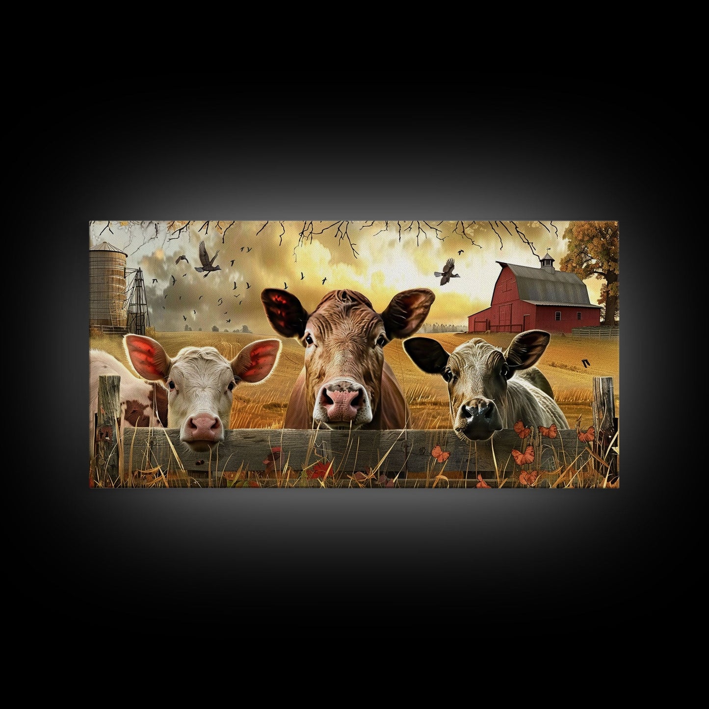 Cute cows peeking through barn fence, Framed Canvas Print, ideal for farmhouse living room, country style wall art decor