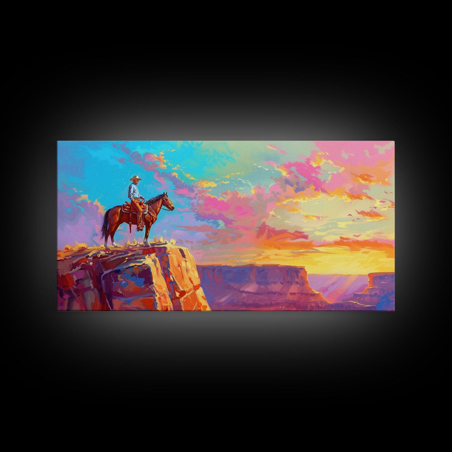 Cowboy Watching Sunset Over Canyon, Farmhouse Style Framed Canvas Print for Living Room Wall Art, Vibrant Home Decor, Western Landscape