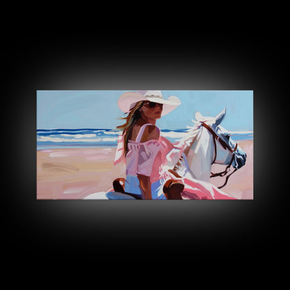 Elegant Cowgirl on Horse by the Shore, Beautiful Framed Canvas Print, Ideal for Coastal Living Room Art, Beach Bedroom Decor, Horse Wall Art