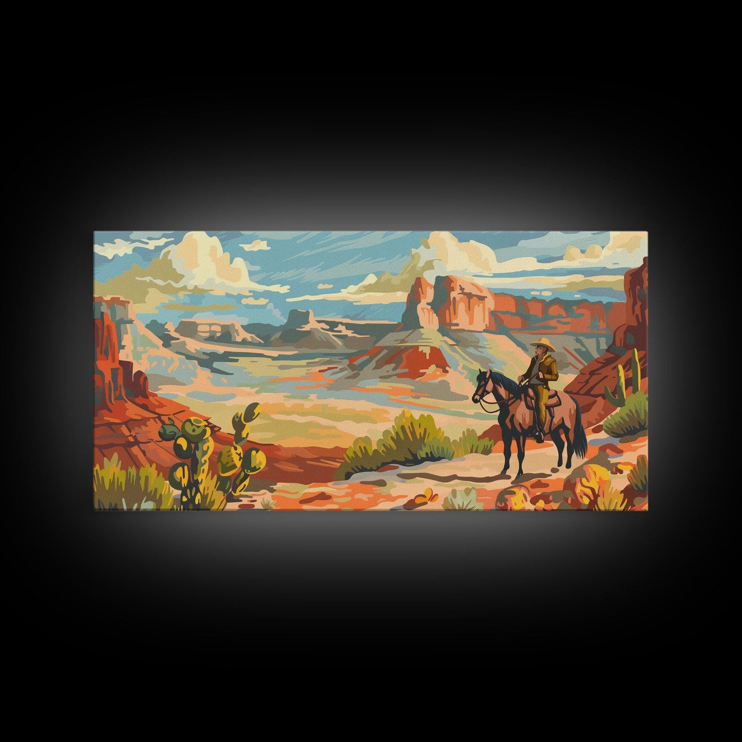Cowboy Riding through Canyon, Framed Canvas Print for Rustic Living Room Decor, Western Art for Home and Bedroom Decoration
