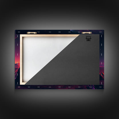 Campfire under a Full Moon, Framed canvas print, retro synthwave / outrun style primitive home decor