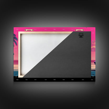 Classic sport car Wall Art, Framed Canvas Print, Guest room art, Beautiful sunset, Synthwave Style, Pink Colors, Pop Art Style, Tropical art