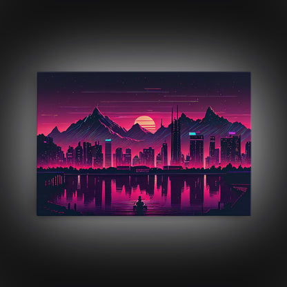 City Mountains Landscape Sea Ocean Moon Purple Wall Art Print, Wall Decor, Fine Art Print, Wall Poster