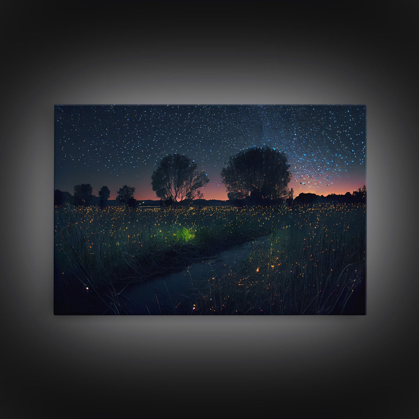 Fireflies light up the Oklahoma Prairie under a Starry night sky, framed canvas print