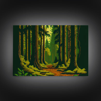 Among The Tall Trees, Beautiful forest 8 bit pixel art, framed canvas print, game room art