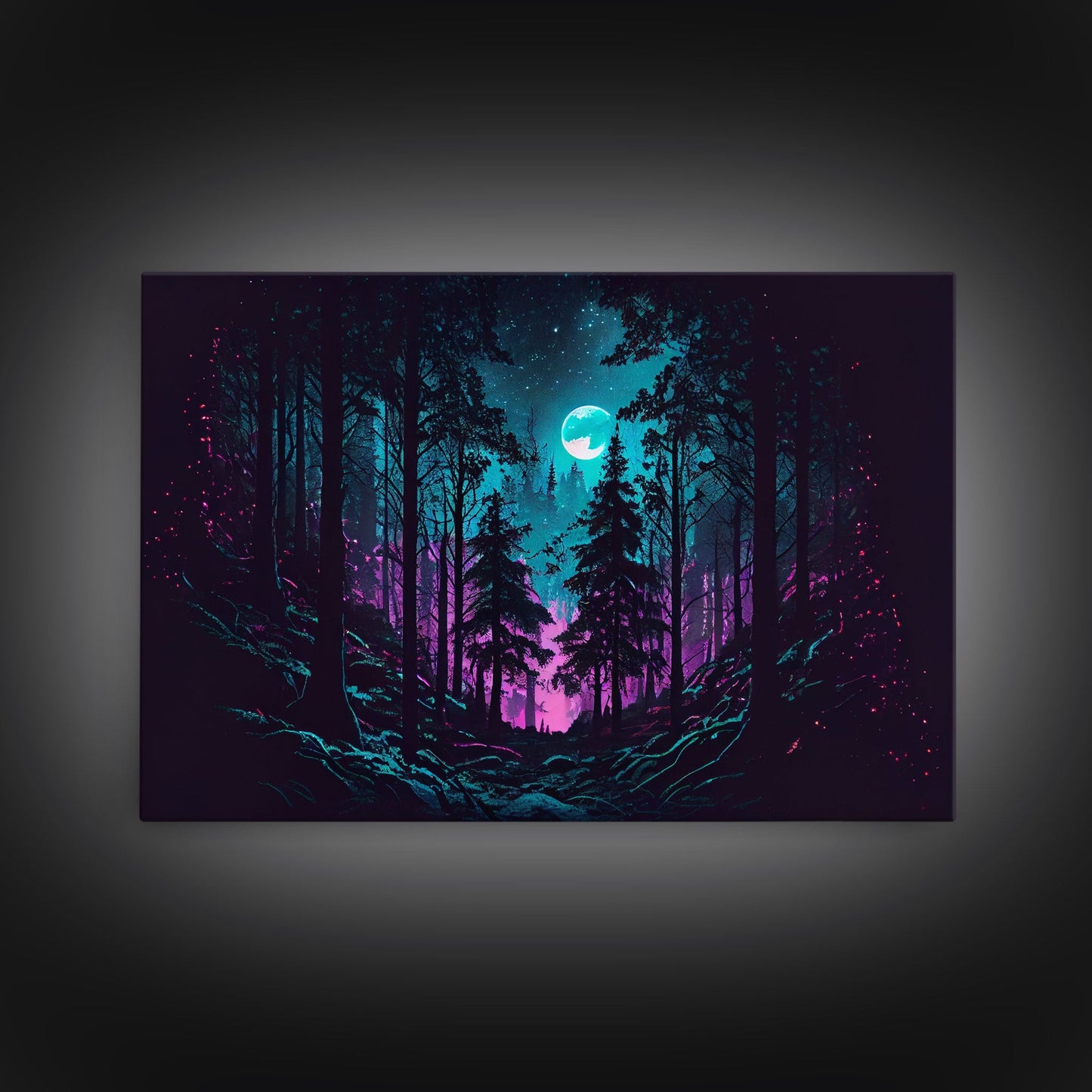 Turquoise and violet fantasy forest, aesthetic, framed canvas print
