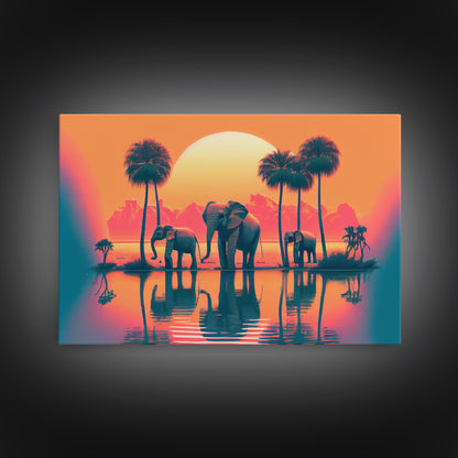 Sun beading down on a family of Elephants, framed canvas print