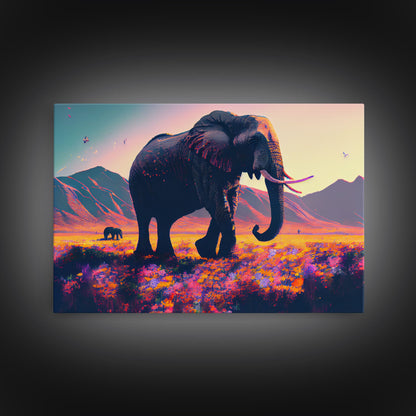 Elephants of Africa, Vibrant and colorful landscape, vaporwave, framed canvas print