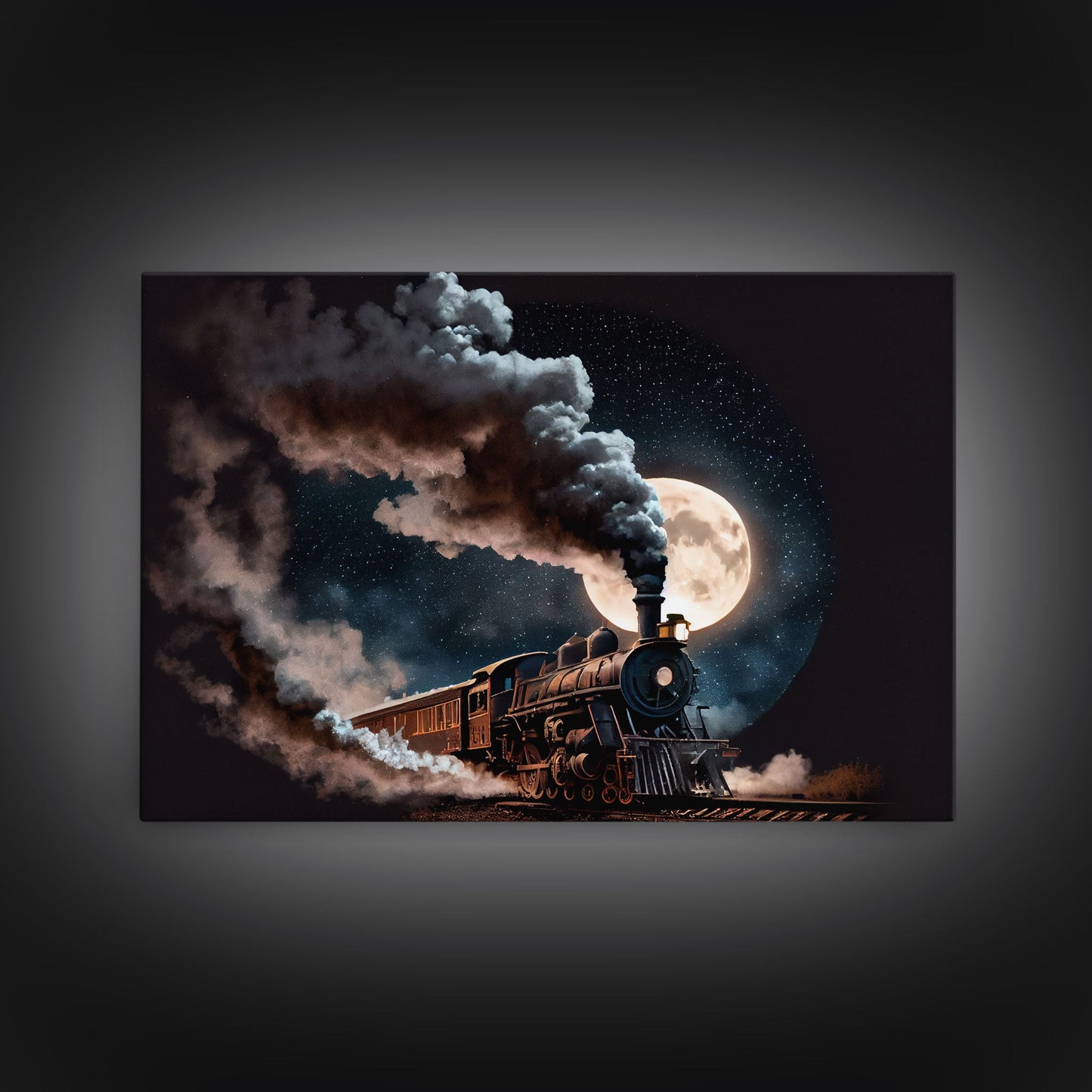 Steampunk Wild West Decor, Steam Train at Midnight, Framed Canvas Print